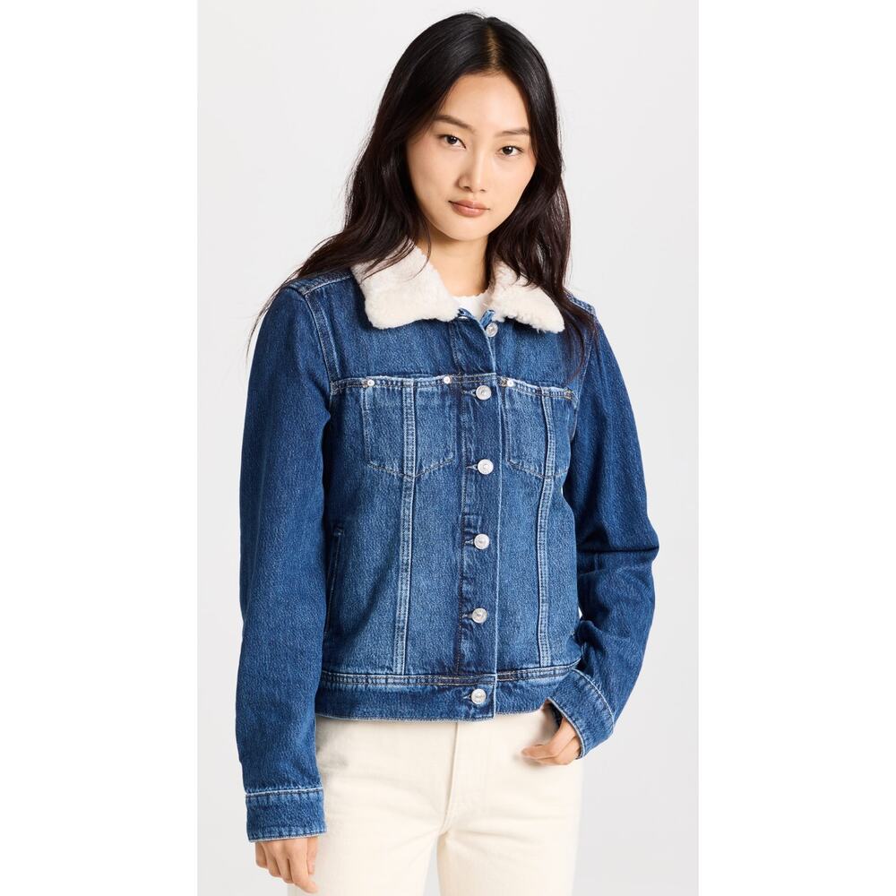 PAIGE Rowan Faux Shearling Trim Denim Jacket JAMEE DISTRESSED Size X-Large - Picture 2 of 5